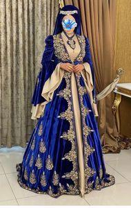 Caftan marocain robes de soirée à manches longues évasées cristal bleu Royal perlé arabe dubaï Abaya formelle robes de soirée de bal