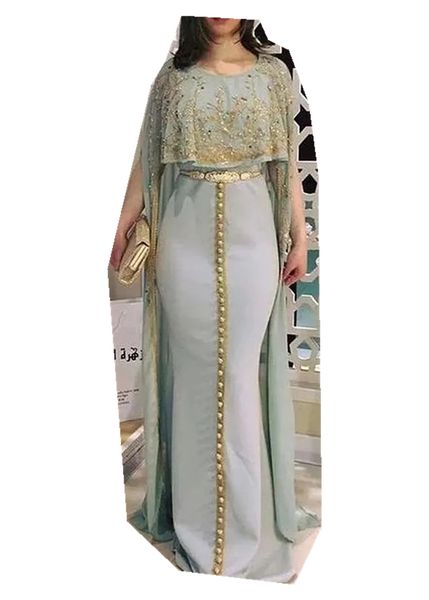Robes de soirée caftan marocaines avec cape sirène robes d'événement formelles appliques d'or cristaux perlés vêtements de bal pour arabe Dubaï2491