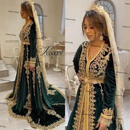 Marokkaanse kaftan avond formele jurken jager groen fluweel gouden kant applique moslim lange mouw islamitische dubai galajurk Robes319j