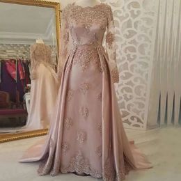 Marokkaanse kaftan lichtroze elegante formele avondjurken lange mouw appliques kraal een lijn beroemdheid feestjurken Arabisch dubai vrouwen prom jurk aangepast rabicaat