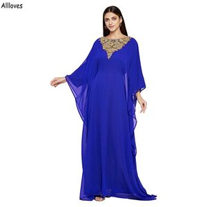 Marokkaanse Kaftan Midden-Oosten Abaya Galajurken Koningsblauw Chiffon Lange mouwen Goud Verfraaiing Formele evenementen Feestjurken Dubai Arabische avond maxi-jurk CL2354