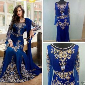 Marokkaanse Kaftan Royal Blue Prom Dresses Abaya Moslim Arabische Lange Mouw Avondjurken met Kristal Vloer Lengte Chiffon Designer 2019