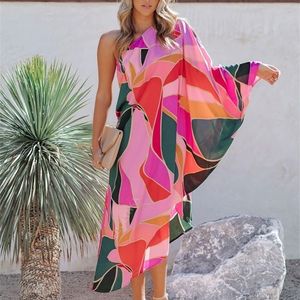 Marokkaanse kaftan sexy een schouder MIDI jurk plus size vrouwen zomerkleding boho print straatkleding club feestjurken a1222 220510
