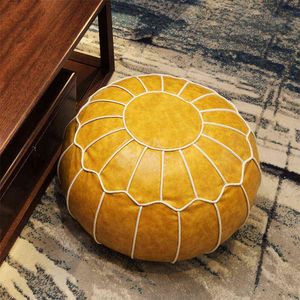 Puf marroquí de cuero PU bordado artesanal Hassock reposapiés otomano estilo nórdico redondo grande de cuero Artificial cojín sin relleno 211110