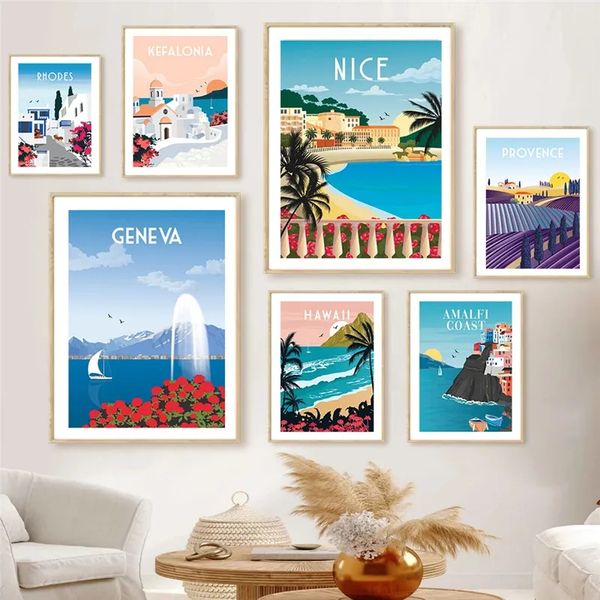 Maroc Sicile Italie Provence Français Espagne Turquie Hawaii Paysage Toile Peinture Côte Amalfitaine Voyage Affiches Grèce Wall Art Salon Home Decor w06