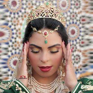 Marokko vrouwen haarkleding rood groene strass bruidsmeisje sieraden goud vergulde moslim bruiloft sieraden gouden kroon 240415