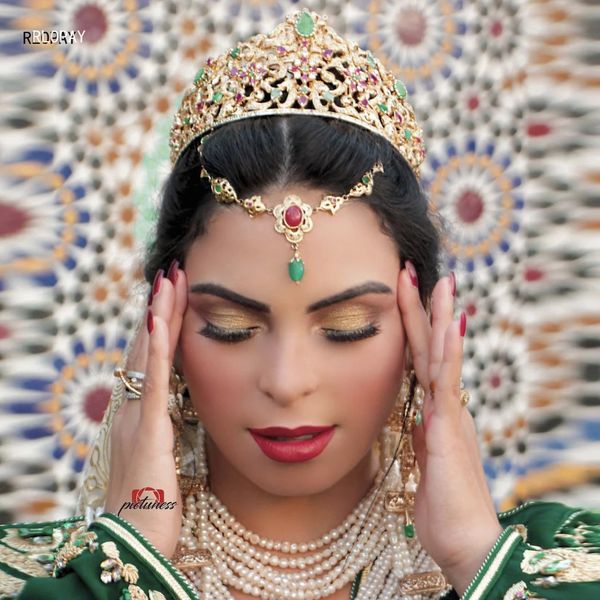 Femmes du Maroc Férente de cheveux Red Green Rignestone Bridesmaid Jewelry Gold plaqué de mariage musulman Bijoux Gold Couronne 240408