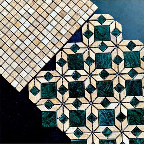 Azulejos de mosaico de mármol natural, azulejo de piso de inodoro verde Retro, rompecabezas, ladrillo de flor pequeña