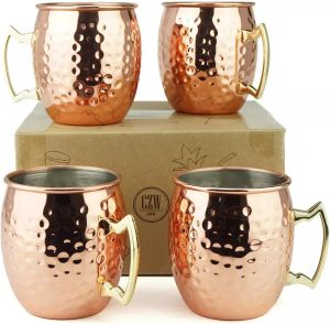 Tasses de mule de Moscou grande taille 19 oz 530 ml tasses martelées en acier inoxydable doublure en cuivre pur placage en laiton doré de 3,7 pouces de diamètre x 4 pouces de hauteur