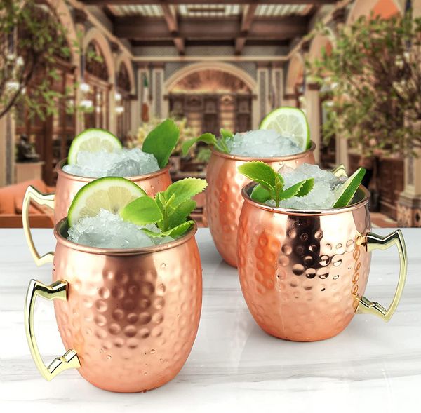 Moscow Mule Mugs Grande Taille 19 oz 530 ml Tasses martelées Doublure en acier inoxydable Placage de cuivre pur Poignées en laiton doré 3,7 pouces de diamètre x 4 pouces de hauteur FY4717