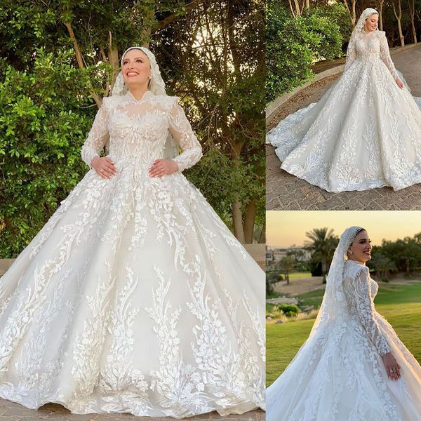 Robe de bal musulmane robe de mariée col haut 3D Appliques florales perles à manches longues robes de mariée Puffy sur mesure robe de soirée