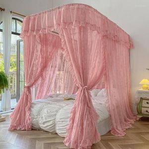 Muggen netto luxe roze witte prinses kanten bed valance u vormrail