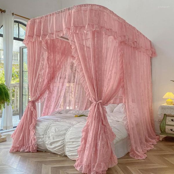 Moustiquaire de luxe en dentelle de princesse rose et blanche, cantonnière de lit en forme de U, Rail adapté à une décoration de chambre Double de 1.5M 1.8M 2M