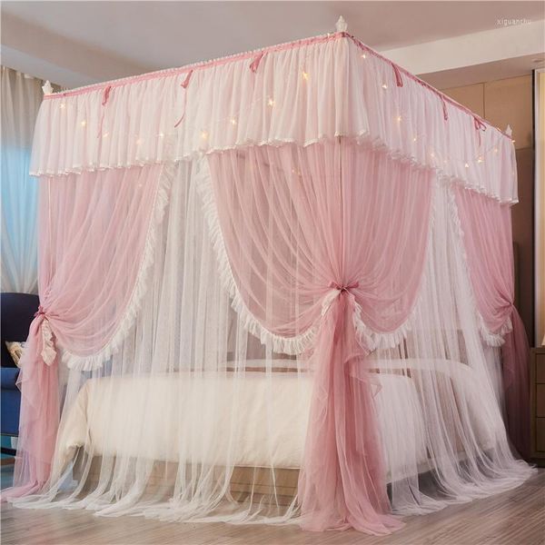 Moustiquaire rose blanc à deux étages en dentelle romantique Style princesse à trois portes sur pied adaptée pour lit de 1.2m 1.5m 1.8m 2m
