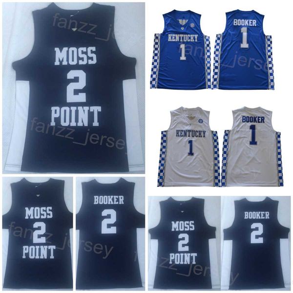 Moss Point High School Basketball 2 Devin Booker Jerseys 1 Kentucky Wildcats College University Shirt Pour les fans de sport Respirant Cousu Marine Bleu Blanc Hommes NCAA