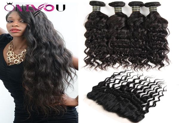 Más popular Cabello virgen brasileño de visón tejido 4 mechones de cabello humano ondulado con agua con cierre 13x4 mechones frontales de encaje de oreja a oreja 9103217