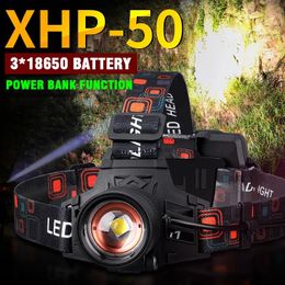 Meest krachtige XHP50 Led-koplamp Hoge LM-hoofdlamp USB oplaadbare koplamp Waterdicht Zooma Vislicht Gebruik 18650 batterij 240117