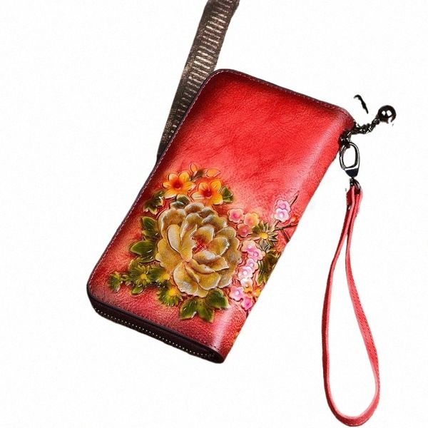 Motaora 2023 Nouveau style chinois rétro femmes portefeuille en cuir véritable LG fermeture à glissière porte-monnaie vintage à la main en relief porte-carte d'embrayage R9YP #