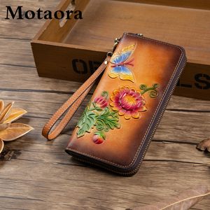 MOTAORA Dames Retro Portemonnee Echt Leer Vintage Portemonnee Vrouwen Chinese Stijl Reliëf Kaarthouder Dames Casual Vrouwelijke Koppeling