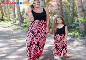 robe mère fille tenues assorties à la famille Neon Coral Black Damask Maxi Dress bébé fille été maman et moi vêtements robes 2101621419