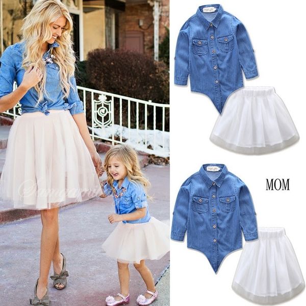 Mère fille robes maman et fille filles correspondant vêtements printemps famille look costume ensemble denim t-shirt + tutu jupe Mama Bear LJ201111