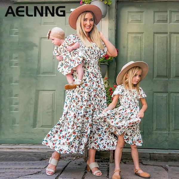 Vestidos para madre e hija, trajes a juego para la familia, moda, manga corta, estampado, mujer, niñas, elegante vestido hasta la rodilla 22096 240104