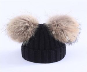 Moeder Kinderen Warme Winter Caps Echt Bont Pom Pom Muts Wol Gebreide Muts Voor Baby Jongens Meisjes Pompom Wasbeer Ballen Beanie Cap Bonnet4485114