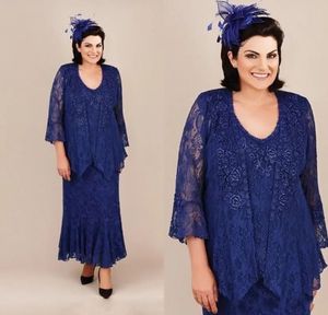 Mère de la mariée bleu marine foncé grande taille robes de mère appliques fermeture éclair personnalisée à lacets droit nouveau formel avec veste scoop 3/4 manches longues dentelle deux pièces