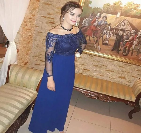 Madre de la novia Azul marino oscuro Tallas grandes Vestidos para madre Apliques Cremallera personalizada Con cordones Nuevo Formal Escote redondo Encaje Una línea Manga larga Hasta el suelo Gasa