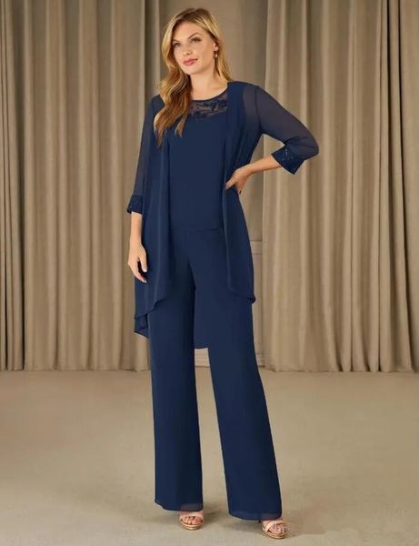 Mère de la robe de mariée costume pantalon 2023 rose bleu marine grande taille en mousseline de soie 3 pièces robe d'invité de mariage avec veste Chic robes De Fiestas Elegantes