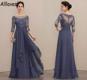 Mère De La Mariée Robes Une Ligne En Mousseline De Soie Avec 3/4 Manches Longues Charmante Dentelle Appliqued Femmes Robes De Soirée Formelles Tiers En Mousseline De Soie Voir À Travers Occasion Robe CL0862