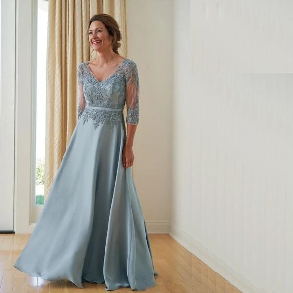 Vestidos para madre de la novia con manga 3/4, corte en A, apliques con cuello en V, vestido formal de talla grande, vestido de invitados de boda hasta el suelo con cuentas