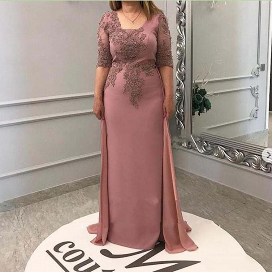 オーバースカートシフォンスクエアネックハーフスリーブイブニングパーティー結婚式ゲストフォーマルプロムドレスの花嫁の新郎のドレスの母