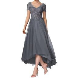 Madre de la novia con mangas cortas para la boda V Neck Elegant Long Long Formal Party Vestidos Hi-Lo Chiffon Lace