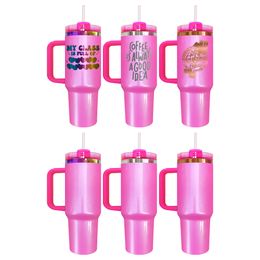 Cadeau de fête des mères cuivre arc-en-ciel plaqué sublimation vierge acier inoxydable H2.0 40oz gobelets à paillettes roses d'hiver avec couvercle et paille pour gravure laser