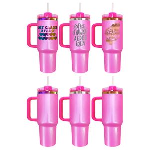 Cadeau de fête des mères cuivre arc-en-ciel plaqué sublimation vierge acier inoxydable H2.0 40oz gobelets à paillettes roses d'hiver avec couvercle et paille pour gravure laser