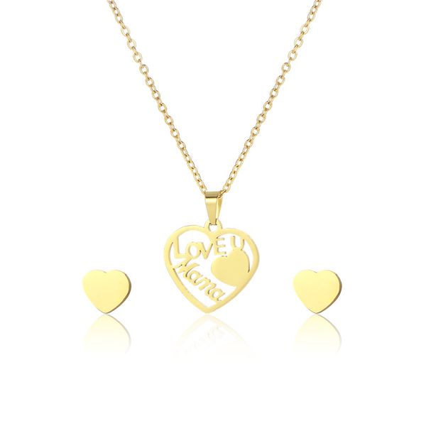 Cadeau de fête des mères pendentif collier ensemble de bijoux en acier inoxydable creux amour U maman coeur forme mots boucles d'oreilles ensemble cadeaux