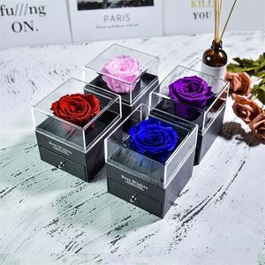 Fête des Mères Boîte à Bijoux Rose Éternelle Naturelle / w 100 Langues Collier d'Amour Fleurs Conservées Proposition Bague Cadeaux pour Elle 220311