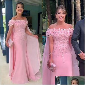 Robes de mère élégantes robes de mère de mariée rose avec des appliques florales 3D hors épaule longue robe d'invité de mariage sur mesure Wo Otkxz