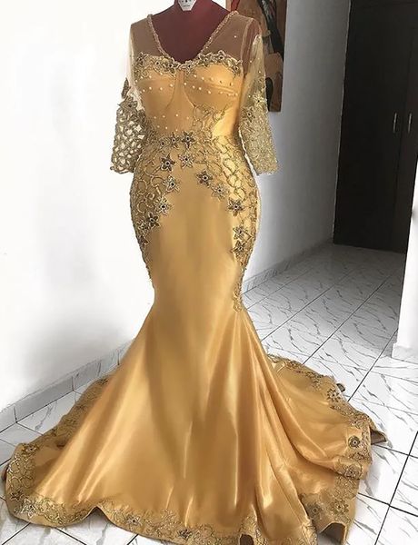 Vestidos de madre Gold Sexy Mermaid Africana Madre de la novia Vestidos Vneck Lace Boaded Mother of Groom Vestidos Fiesta formal barata