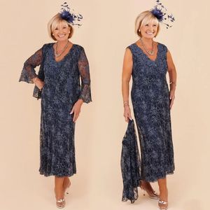 Vestidos de madre Longitud de té modesta Vestidos de madre de la novia Azul marino con cuentas de encaje Vestidos largos de fiesta de noche Tallas grandes Boda formal