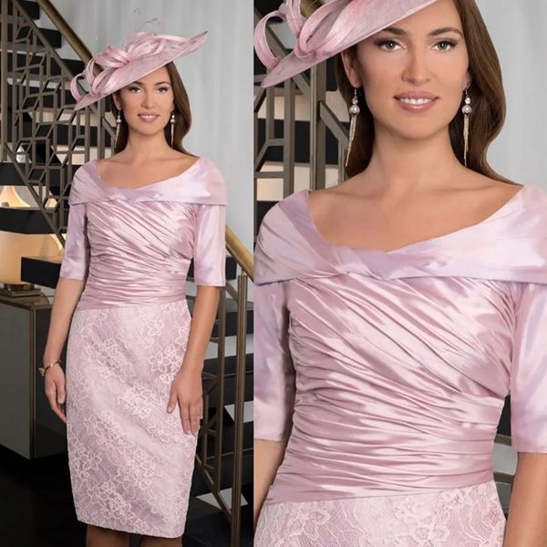 Vestidos de madre Vestido rosa de talla grande para madre de la novia Cremallera recta formal Nuevo Botón hasta la rodilla Escote redondo con media manga Plisado de encaje satinado