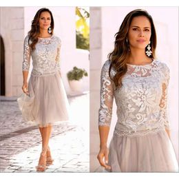 Moeder de elegante bruid van jurken kant 3/4 lange mouwen korte prom feestjurk plus size bruiloft gast jurk Vestidos