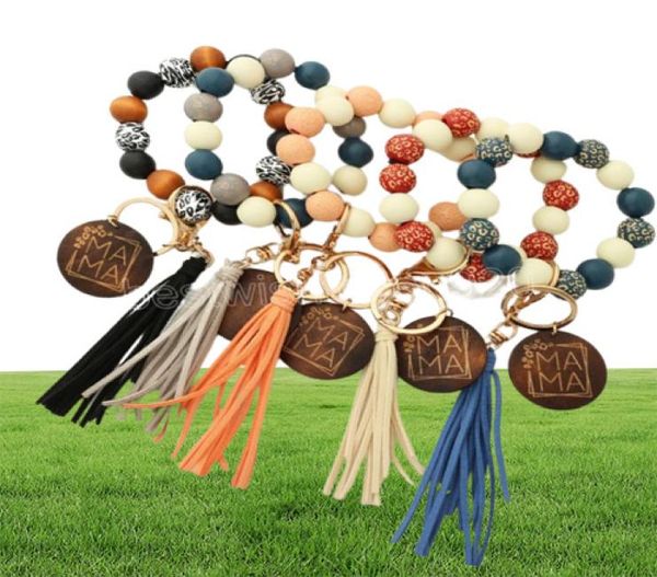 Mother039s Día Letras Impresión de madera Pulsera de cuentas de silicona llavero Moda Cnady Color Leopardo Pulsera Granos para mujer Bracel3623944