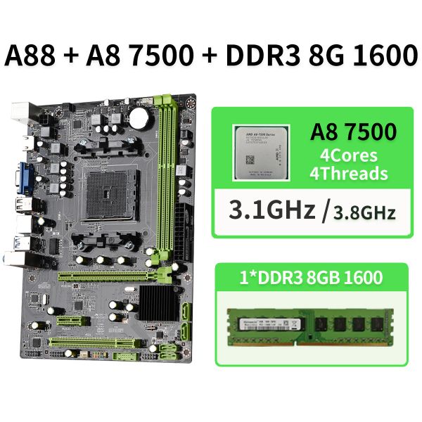 Cartes mères A88 Performance de jeu Extreme Superior AMD A88 FM2 / FM2 + carte mère avec A8 7500 CPU AMD DDR3 8 Go 1600MHz AM4