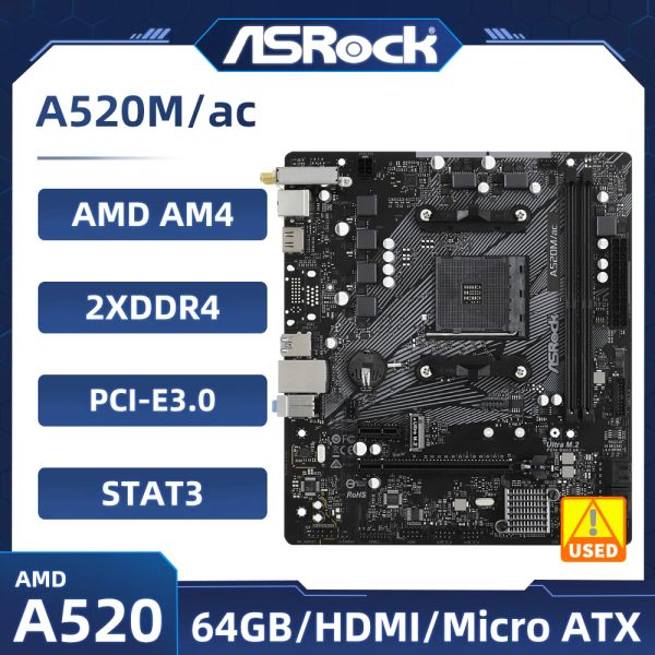 Cartes mères AMD A520 Carte mère ASROCK A520M / AC SOCKET AM4 DDR4 64 Go USB3.2 HDMI PCIE 3.0 Micro ATX Prise en charge AMD Ryzen 5 5600 CPU