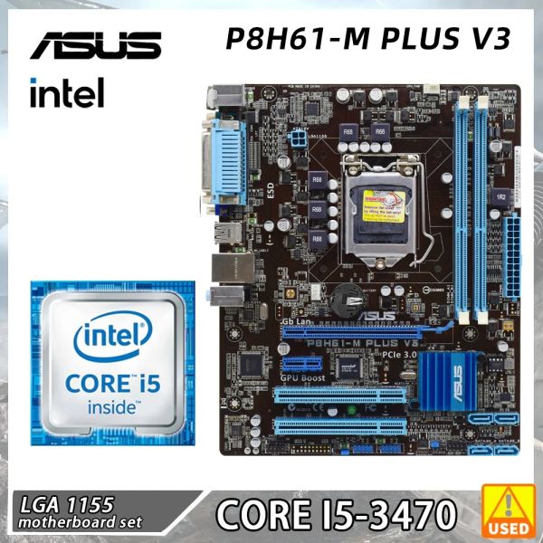 Cartes mères ASUS P8H61M Plus V3 + I5 3470 Kit de carte mère LAG 1155 DDR3 PRÉPRIENCE CORE I3 I5 I7 Processeur Intel H61 Double canal 16 Go 1333MHz