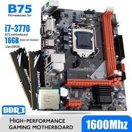 Placas base Atermiter B75 Placa base con Core i7 3770 2 x 8GB = 16GB 1600MHz DDR3 Memoria de escritorio disipador de calor USB3.0 SATA3