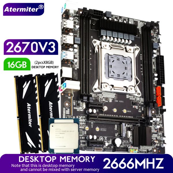 Cartes mères ATtermiter D4 DDR4 Ensemble de carte mère avec Xeon E5 2670 V3 LGA20113 CPU 2PCS x 8 Go = 16 Go 2666MHz DDR4 Mémoire de RAM de bureau