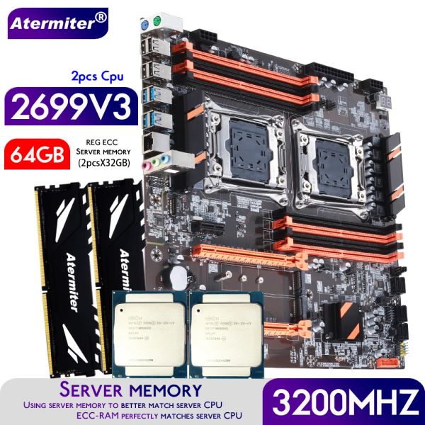 Cartes mères ATtermiter Dual X99 Carte mère avec LGA 20113 Xeon E5 2699 V3 * 2 CPU avec 2PCSX32GB = 64 Go DDR4 3200MHz Kit combo de mémoire de serveur